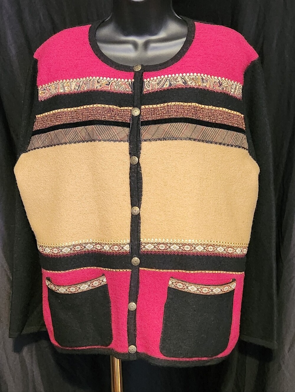 Vintage Koret 100% Boiled Wool Patchwork Sweater Jacket Cardigan Size PL